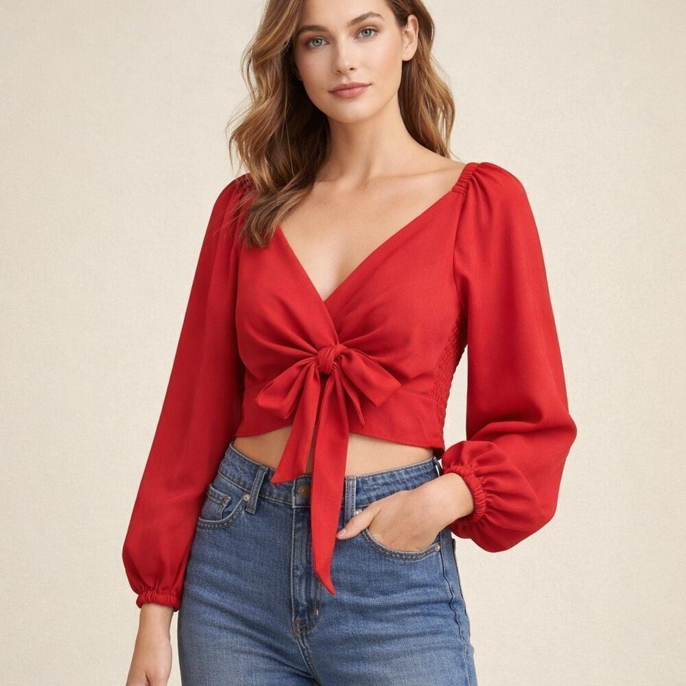 Express Red Tie Front Crop Top Smocked Long Sleeve XS NWT